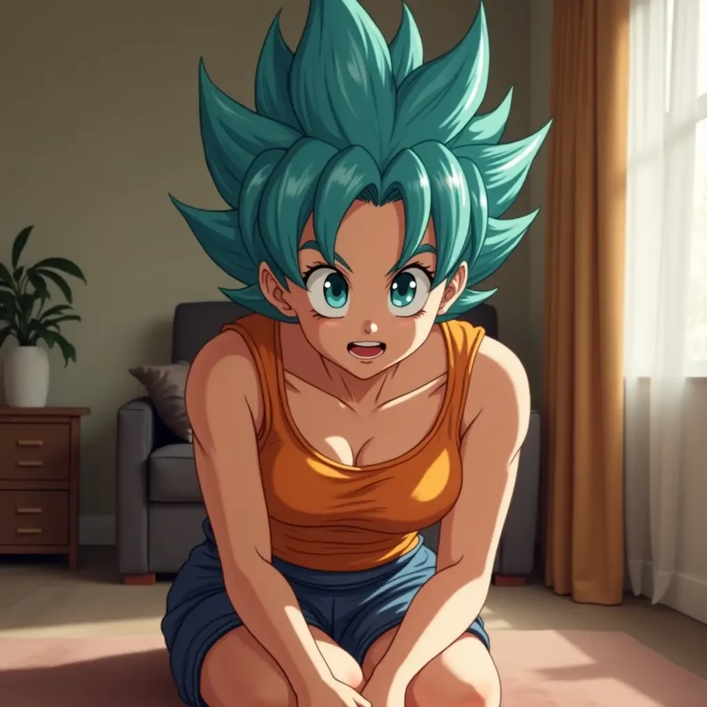 Bulma in Goku costume in shorts sitting in a room