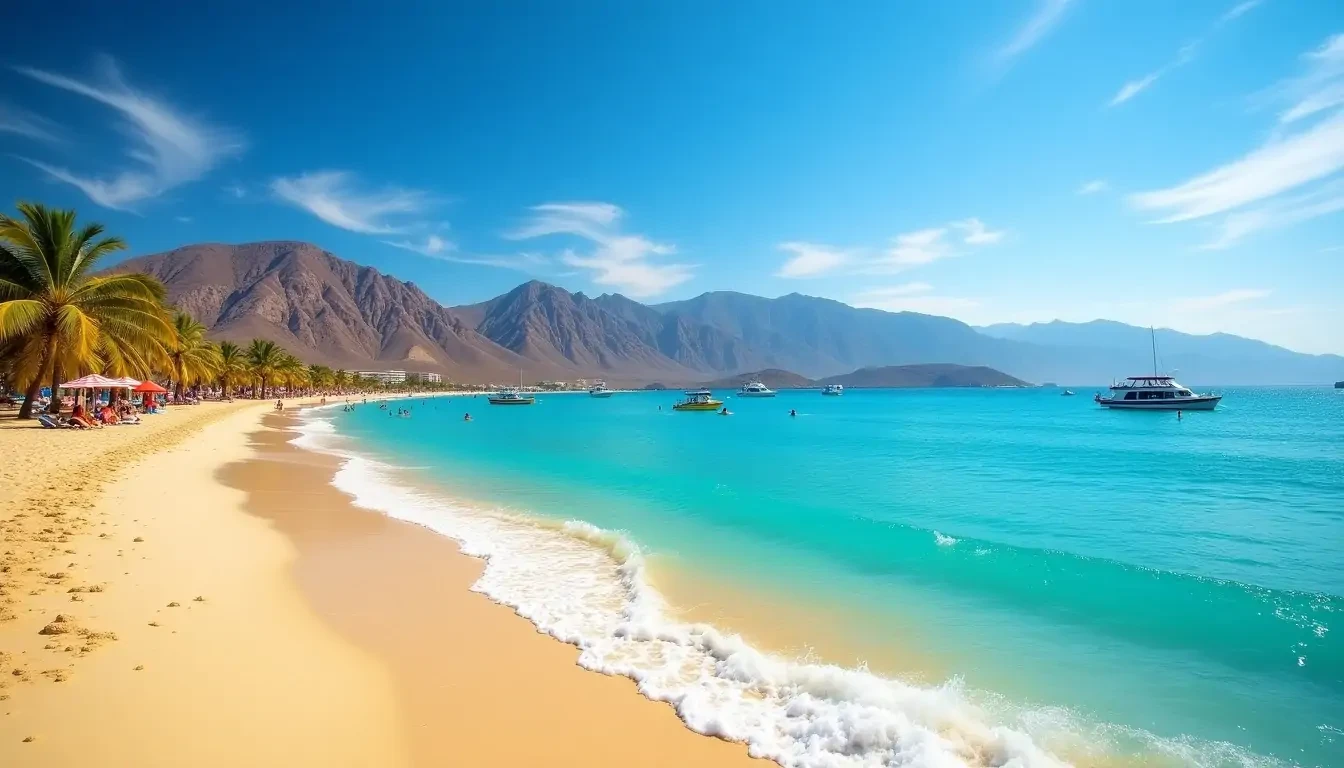 A picturesque beach scene in La Paz, Mexico, on a clear sunny day. The beach features golden sand stretching along turquoise, crystal-clear waters with gentle waves. A few lush palm trees sway in the breeze, providing shade to the beachgoers. Boats and kayaks are visible in the water, adding to the vibrant, lively scene. In the background, rugged mountains rise against the horizon, framed by a deep blue sky with wispy clouds. The atmosphere is warm, inviting, and captures the tranquil beauty of a tropical paradise.