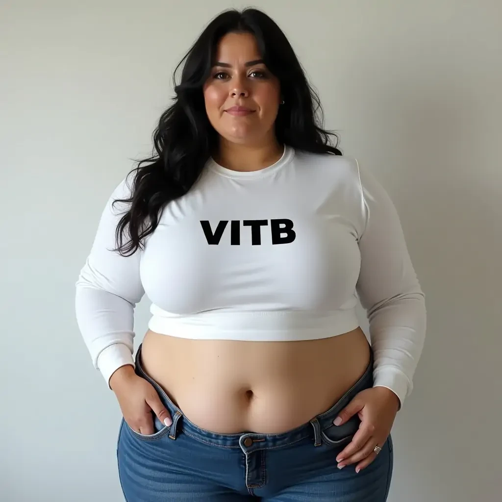 Black haired woman with huge breasts and huge ass wearing white shirt with word 'VITB' written on it and wearing tight jeans