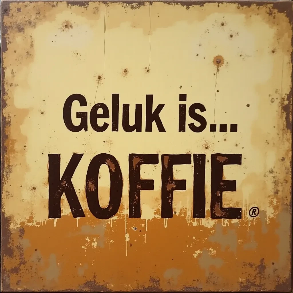 Sublimation image with the Afrikaans words: "Geluk is... KOFFIE"