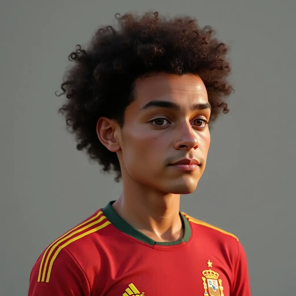 ultra realistic 8k, Spanish Footballer, curly hair colour, cut out with shoulders, football player, look ahead