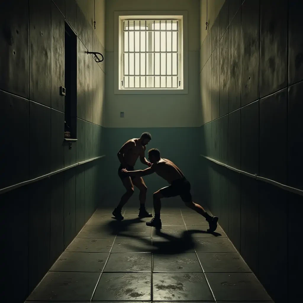 wrestling match unfolds in a residential prison cell