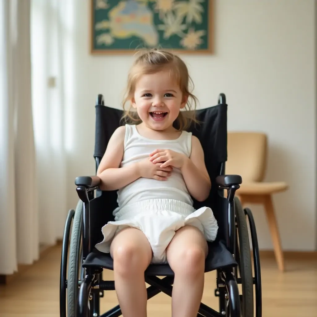 Cute girl in wheelchair wearing a diaper