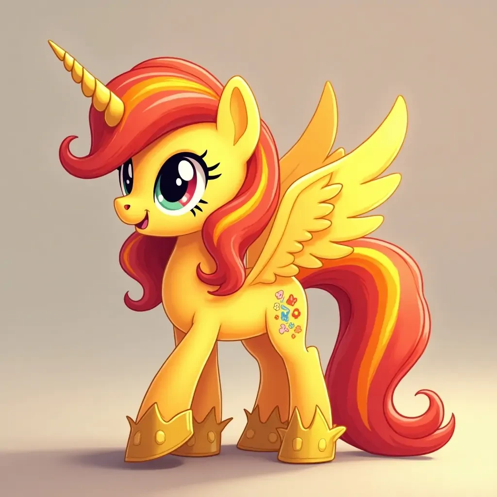 make me a very beautyful adult my little pony friendship is magic pony with yellow base color and mane like fire with gold shoes and red, yellow, and orange wings and unicorn horn