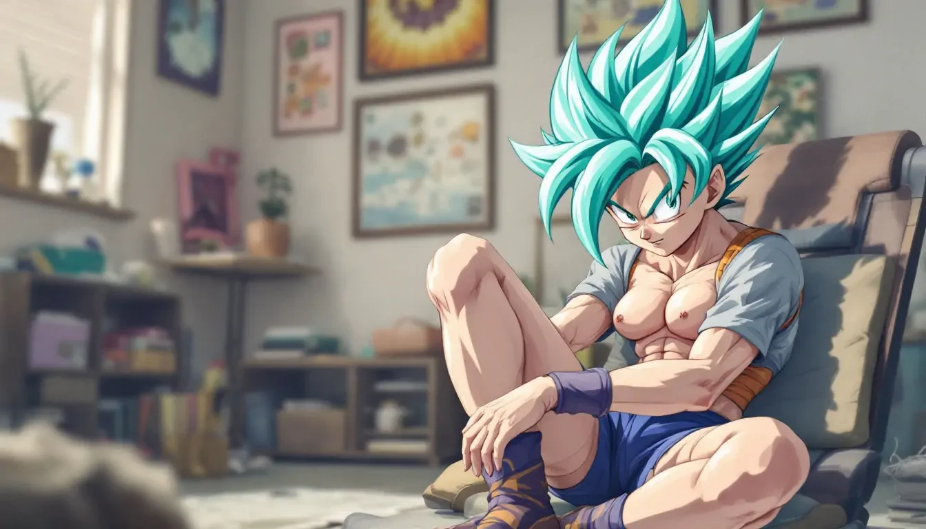 Bulma in Goku costume in shorts sitting in a room