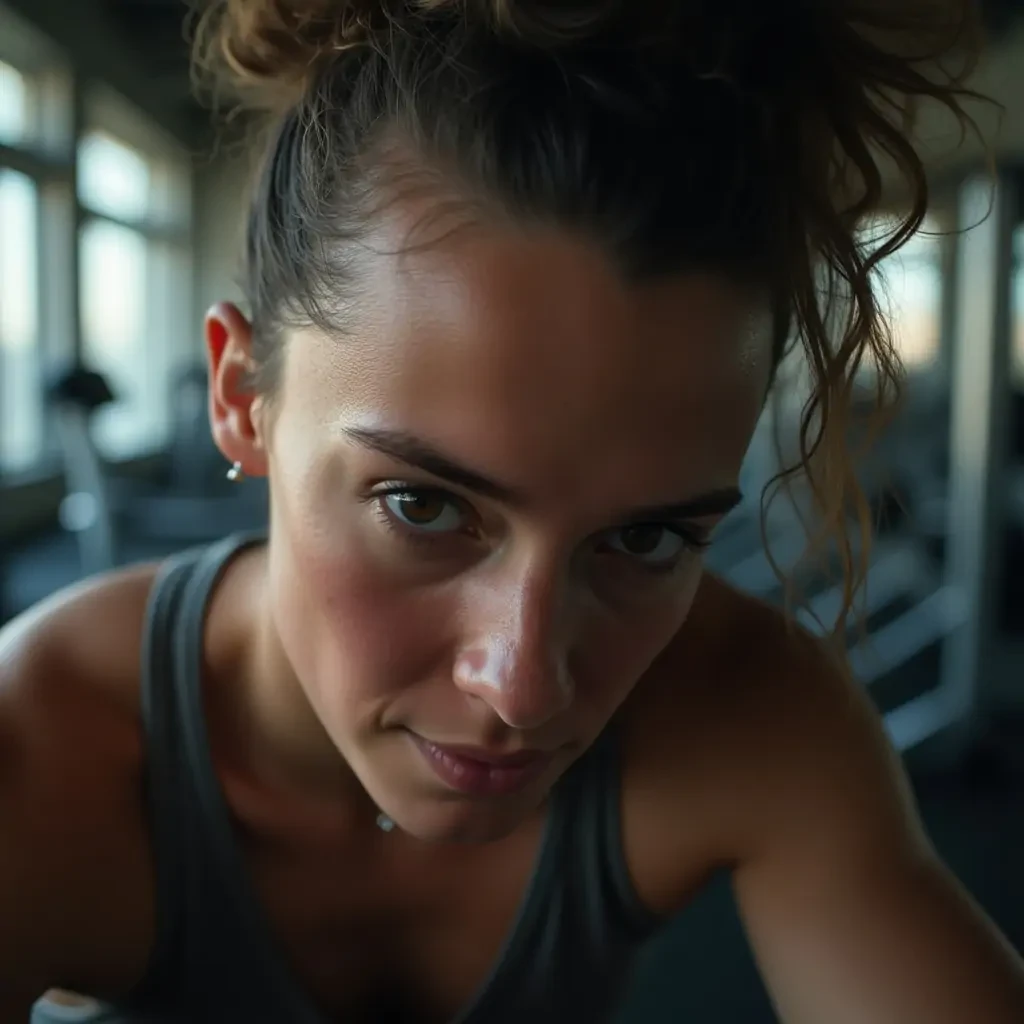 A person working hard, maybe in a gym or at a desk, with sweat or focus on their face.