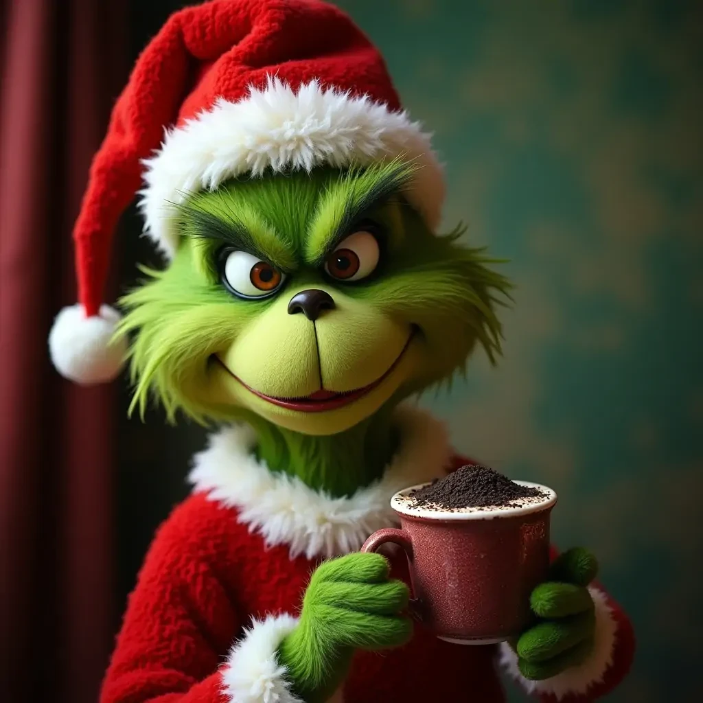 super festive grinch wallpaper with coal and coffee with a red and green in the background