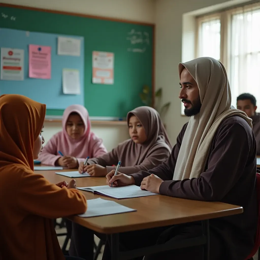Buatkan gambar ai guru arab berjilbab duduk bersama murid murid sedang berdiskusi , guru tersebut memberikan penjelasan kepada murid murid dengan spidol di tangannya