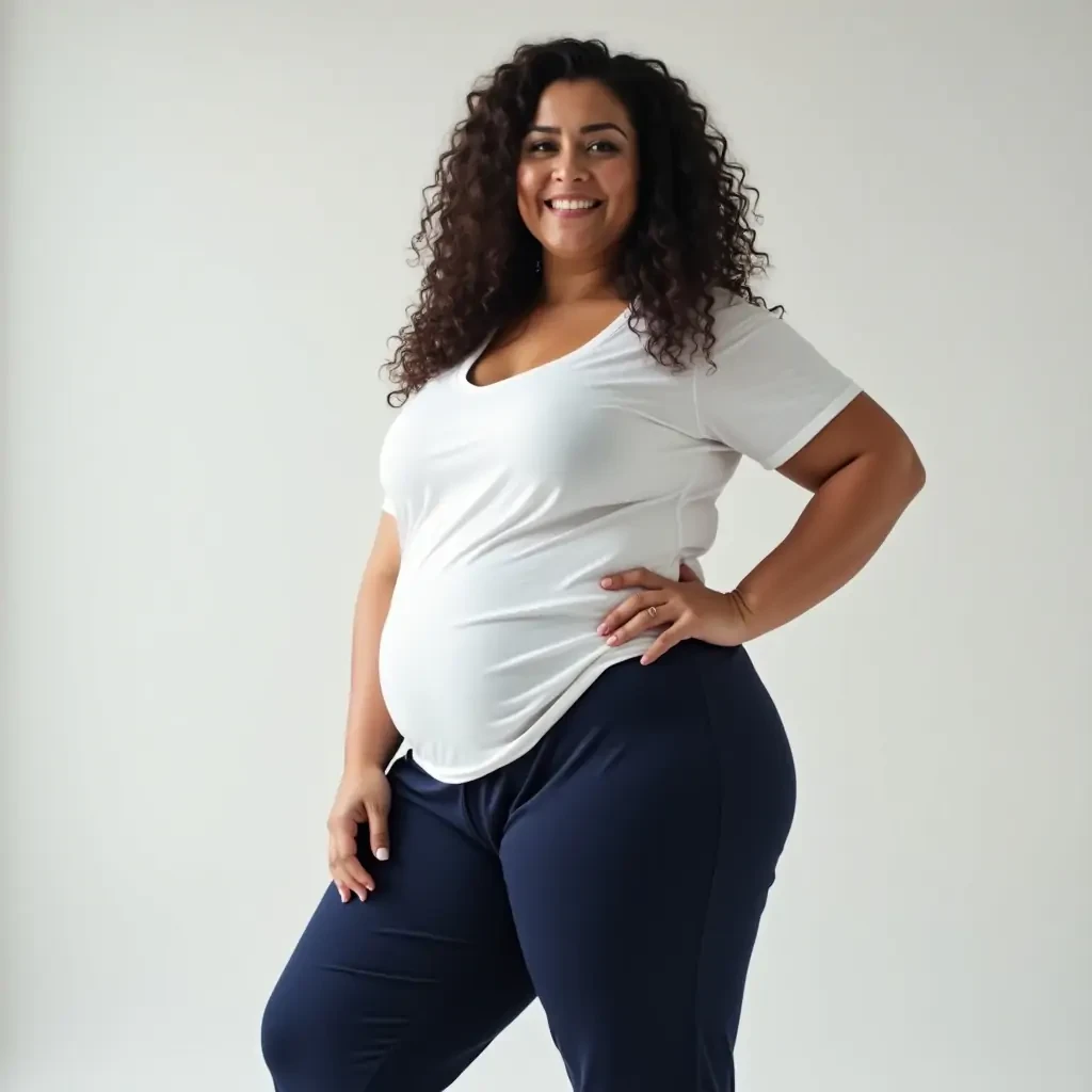Tunesian woman, middle length curly hair, dark blue Jogging pants, white t shirt, curvy hipps and thick thighs