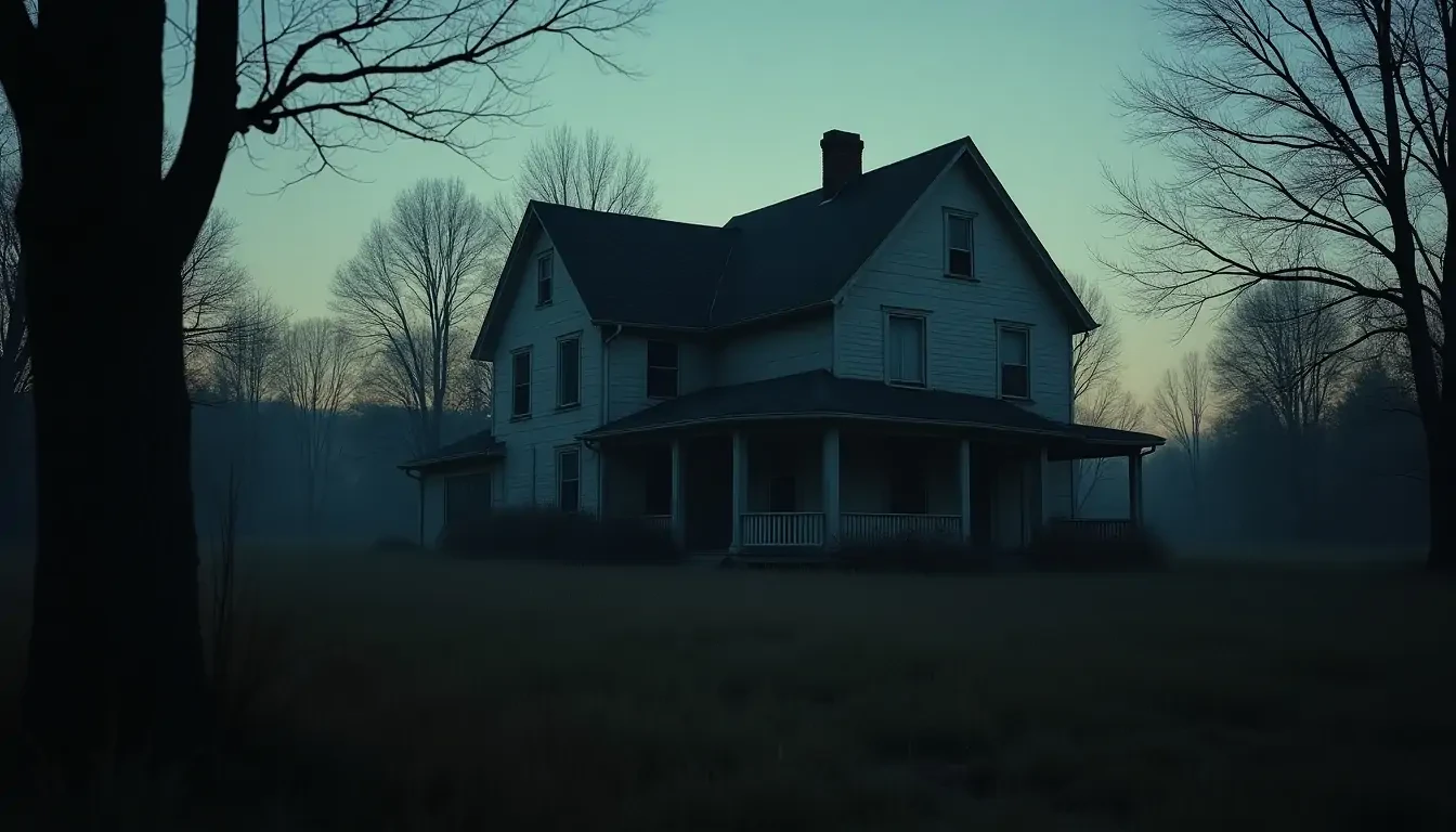abandoned house at dawn, no lights, partially overgrown, postapocalyptic