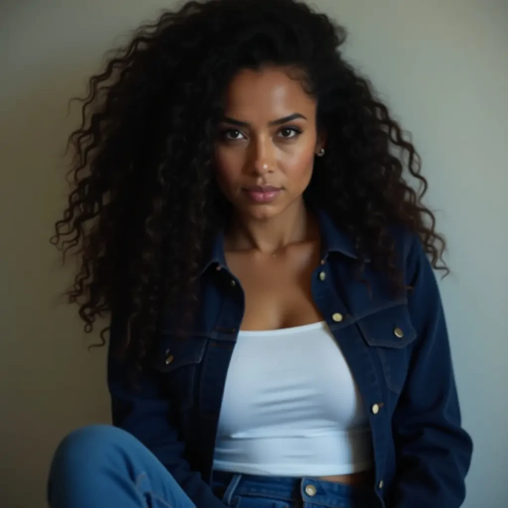 beautiful and woman, Picture a stunning woman with a warm, slightly brown skin tone,Her long, black, curly hair cascades down her shoulders in voluminous waves and some strands fall over her face, framing her face,She has a slim face with soft features, yet her figure is that of a mature adult, defined by an hourglass figure with beautiful curves that add to her allur,Just under her mouth, a delicate mole adds a unique charm to her loo,Her jawline is well defined, lending a sense of elegance and structure to her fac,There a hint of Indian heritage in her appearanc,She wears a casual white shirt with a dark blue jacket on top and blue pants, her jacket is halfway close,Create an image of her knocked unconscious on the floor, fainted, passed out, her expression full of pain, off shoulder top showing one of her shoulders, her sleeves are rolled up showing her delicate wrist,Make her unconscious, knocked out cold, passed out, fainted, unconscious on the floor, knocked unconscious, in pain on the floor, limp dead body, lying on her back, unconscious, unconscious, unconscious, unconscious, unconscious, dropped, up, brown skinned, body