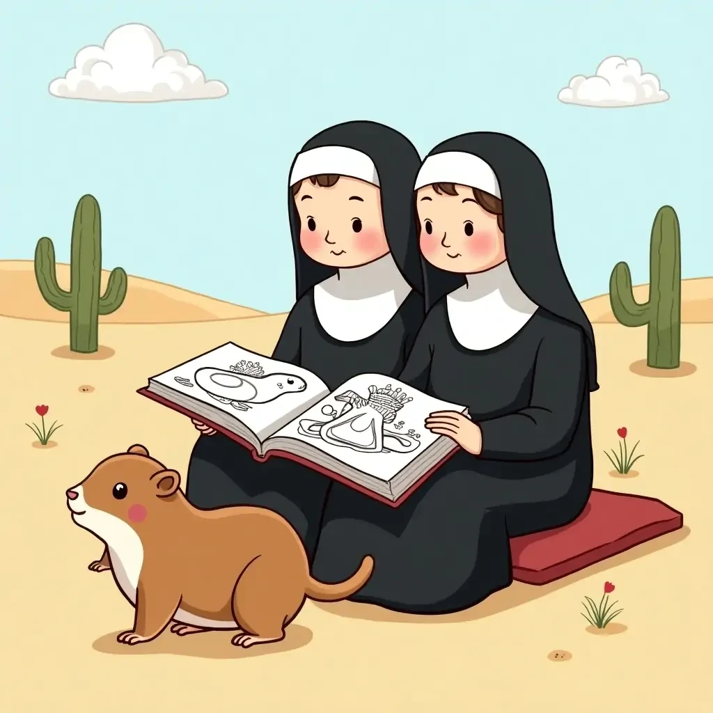two nuns riding a hamster while read a coloring book in the desert