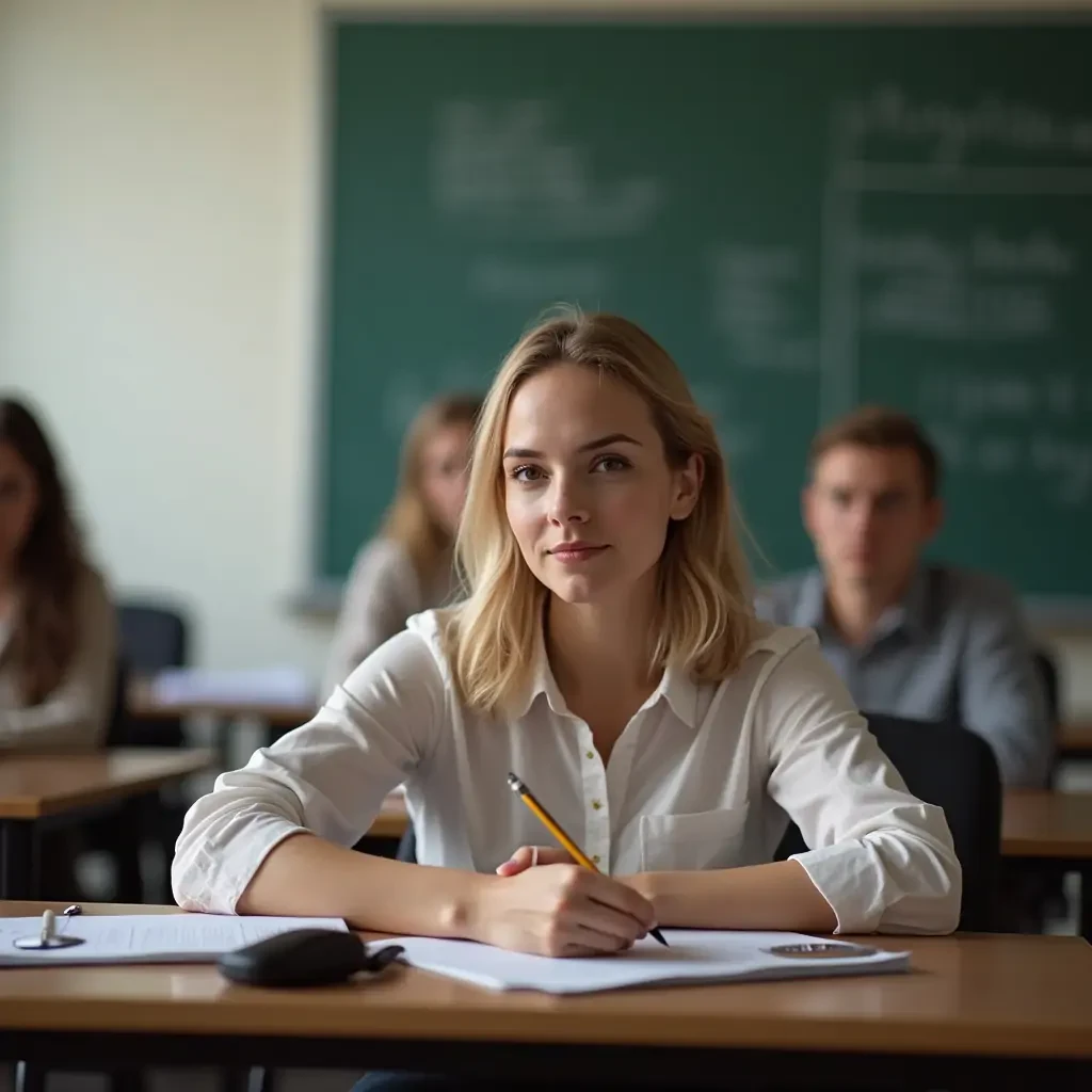Teacher sitting on desk