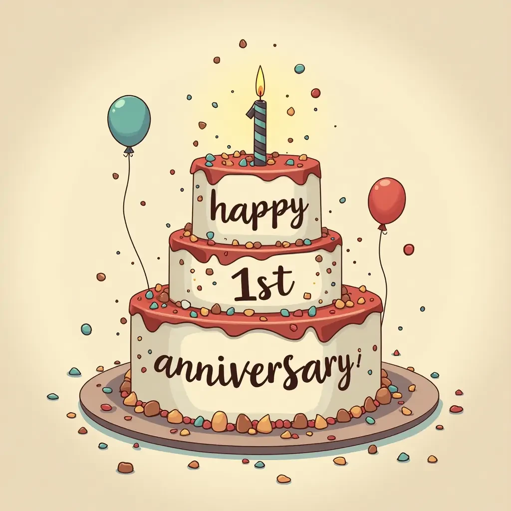 buatlah gambar birthday card dengan animasi serigala dalam gambar berasa “happy 1st anniversary”