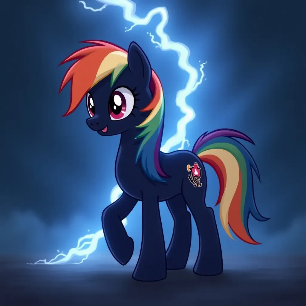 Mlp stallion based on twilight and rainbow dash. Tornado, darker color palette, hair covers eyes, dark blue with rainbow highlights