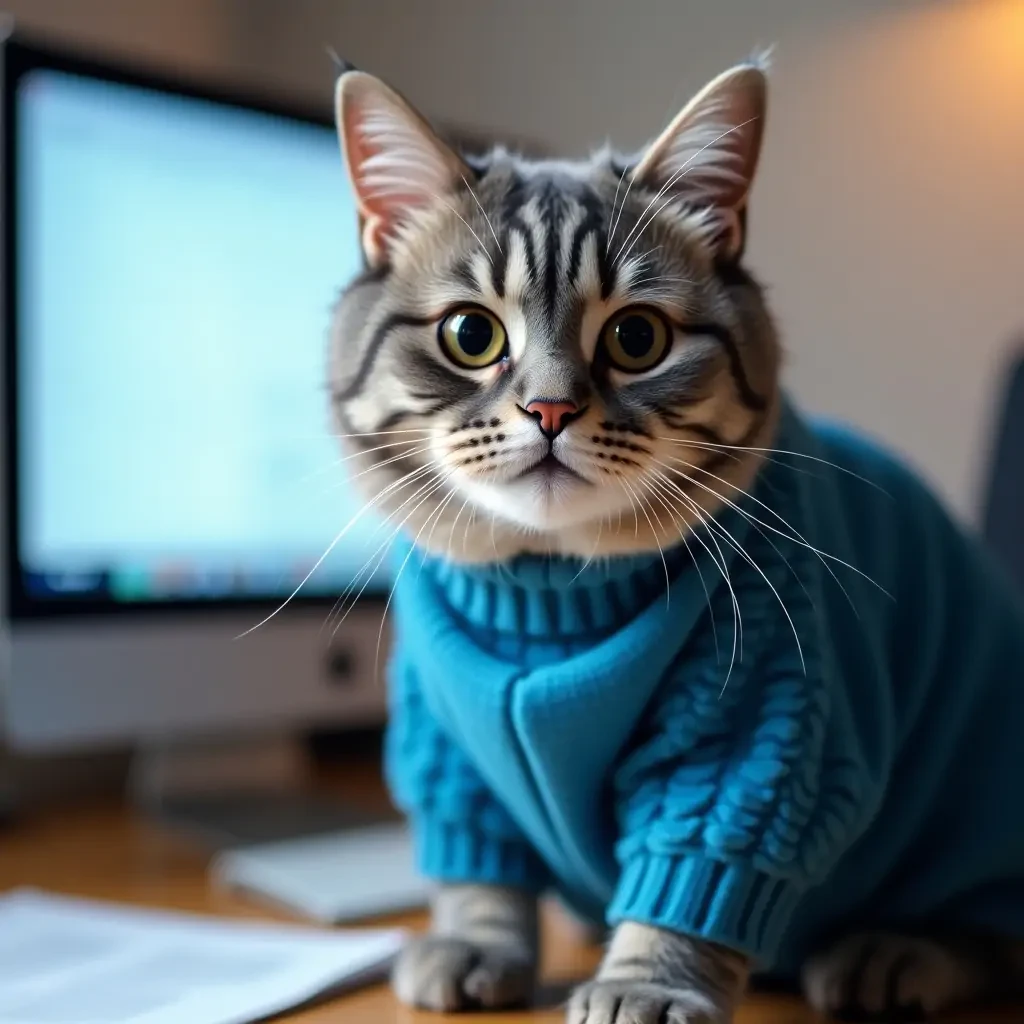 surprised gray cat in blue sweater at computer desk, monitor on desk with screen to viewer, paper around, office