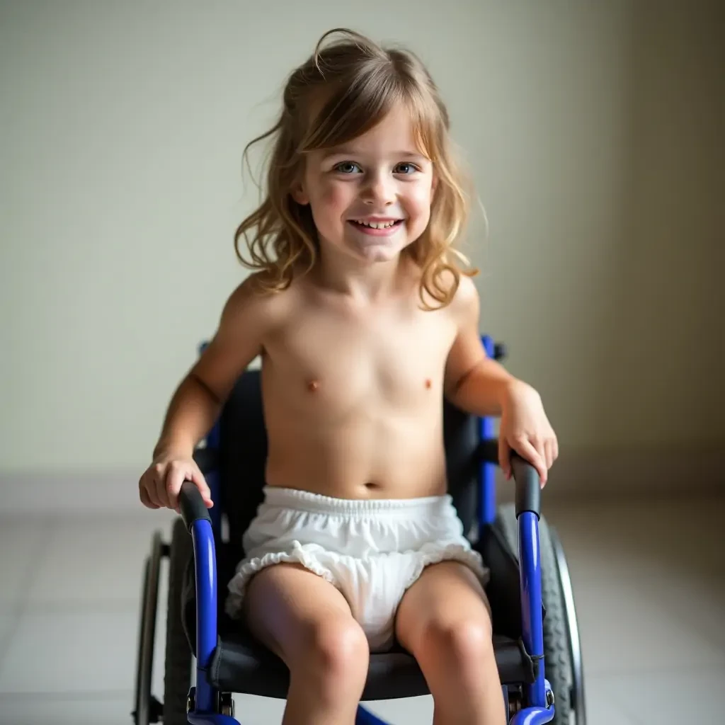 Tween girl in her wheelchair wearing diapers