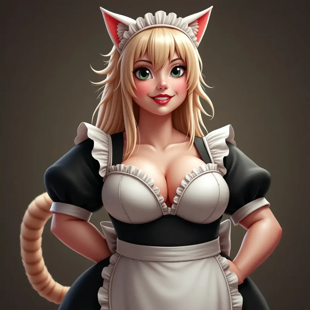 A catgirl, chubby girl with big breasts with maid outfit in her 18’s