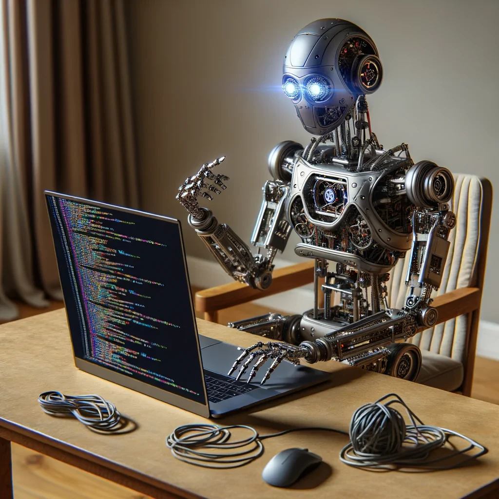 a robot working on a laptop