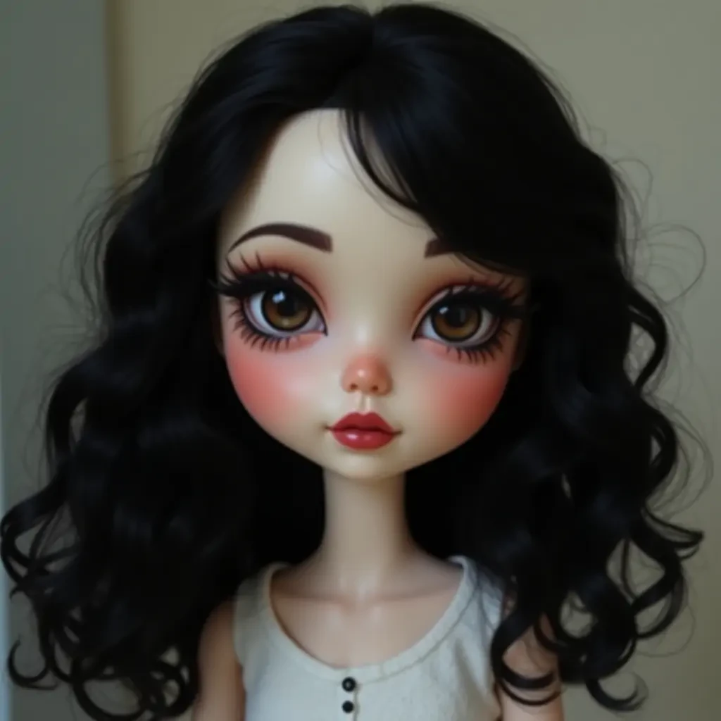 blithe doll with thin arched eyebrows,darkbrown eyes,pale skin,wavy layered black hair,full downturned lips,pronounced cupid bow,long winged eyeliner,long lashes