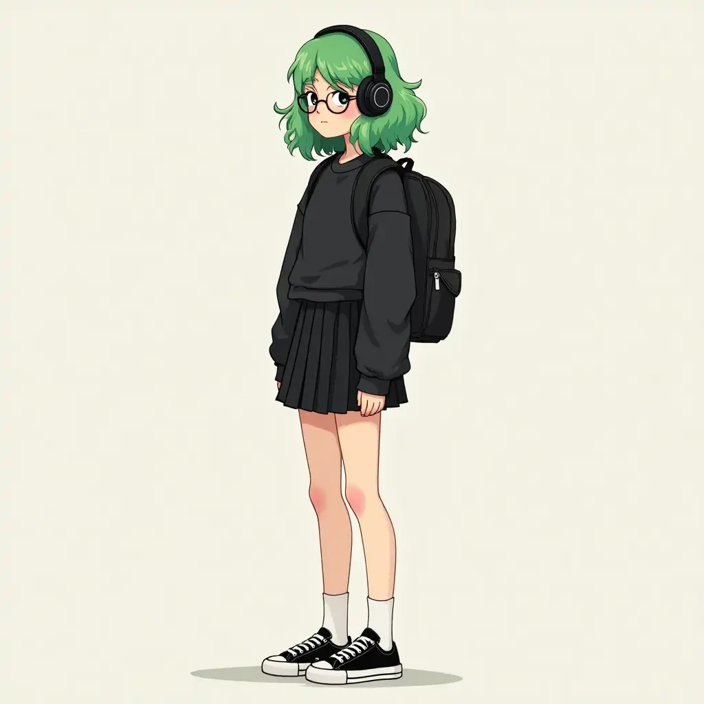a tall European teenager girl with backpack on back, stand in left side, has wavy green hair, a black Women's Loose Fit Cropped shirt and black headphones. Black pleated short-waisted skirt. And she is shod a Women's Low Sneakers Converse All Star Ox M9166C Black (886952781767) and round glasses.a tall European teenager girl with backpack on back, stand in left side, has wavy green hair, a black Women's Loose Fit Cropped shirt and black headphones. Black pleated short-waisted skirt. And she is shod a Women's Low Sneakers Converse All Star Ox M9166C Black (886952781767) and round glasses.