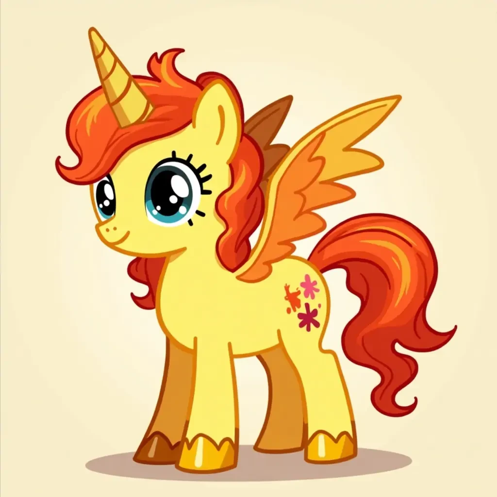 make me a my little pony friendship is magic pony with yellow base color and mane like fire with gold shoes and red, yellow, and orange wings and unicorn horn