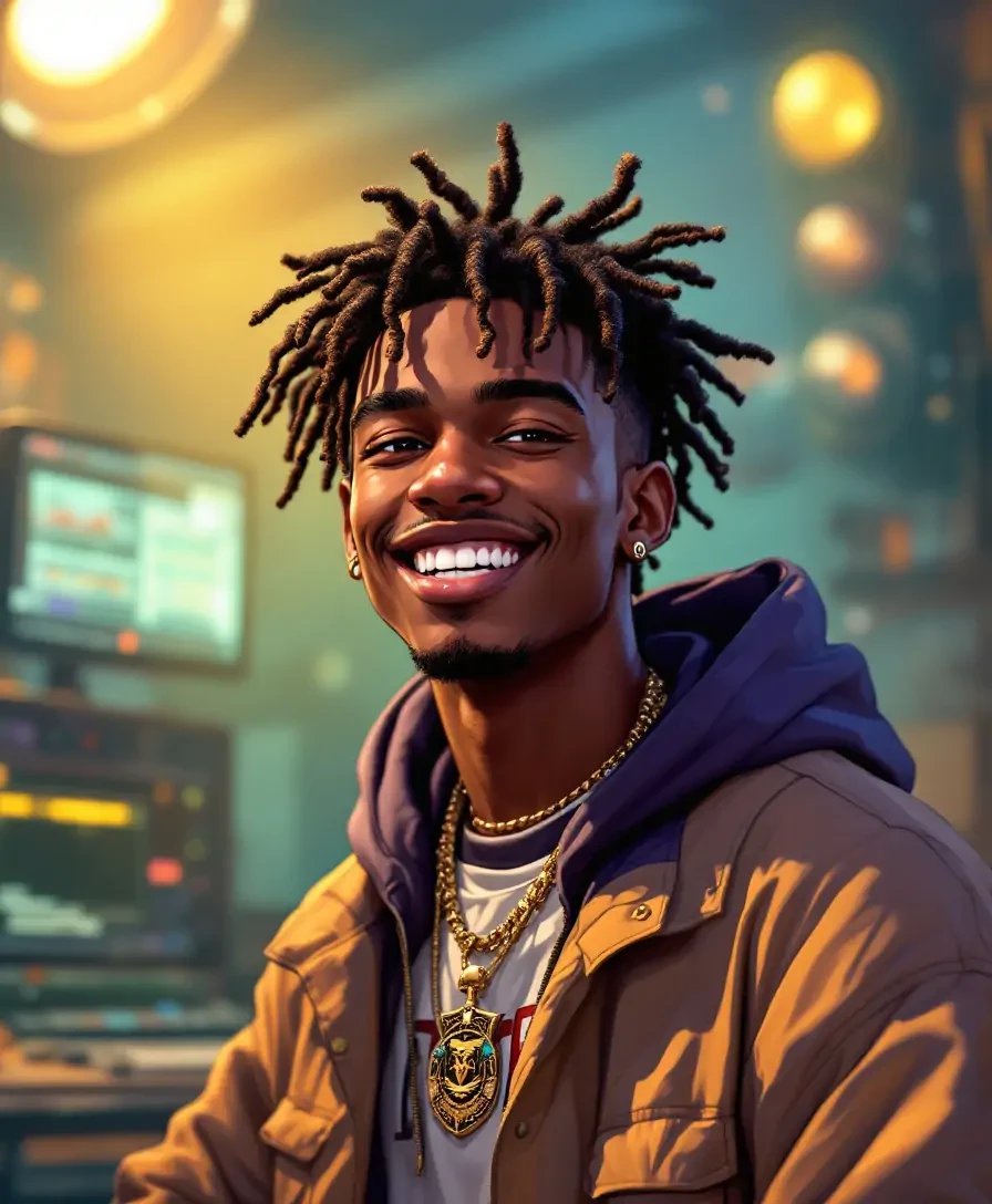 A teenage black boy rapper wearing a pandant and hair like juice world  on the studio