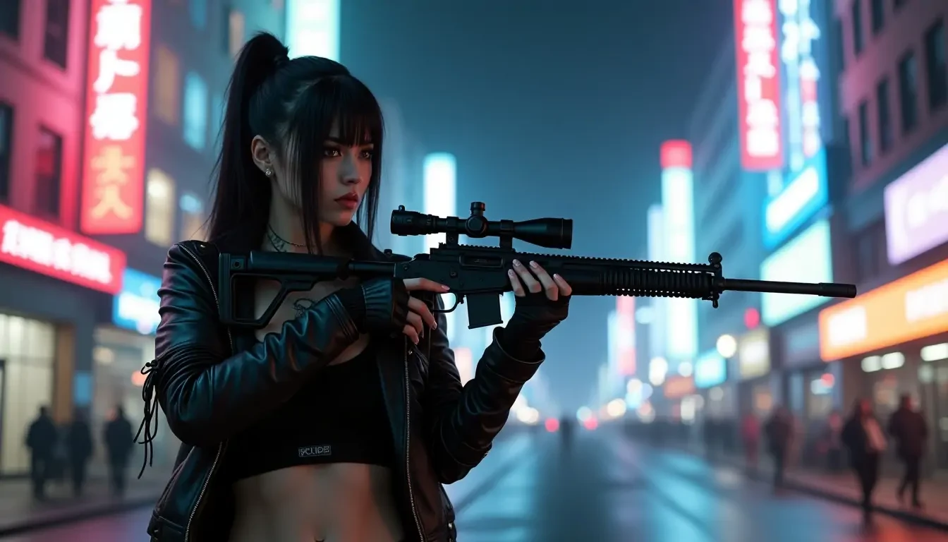 a cyberpunk white bad-ass girl, rogue spec-ops, deadly, assassin, full body view, charcoal makeup, thin and long neck tattoo, long soaked black straight hair, one side of the hair behind the ear that is facing the camera, standing from a far, holding a Barrett M82 .50 call sniper rifle, stunning detailed facial features, beautiful detailed eyes, beautiful detailed lips, extremely detailed eyes and face, long eyelashes, detailed leather cyberpunk outfit that consists of: skin tight black leggings, black tank top with a wolf logo on it, leather biker fingerless gloves, high heels black boots and leather jacket unzipped with lots of details on it , dynamic cyberpunk pose, neon cyberpunk city background