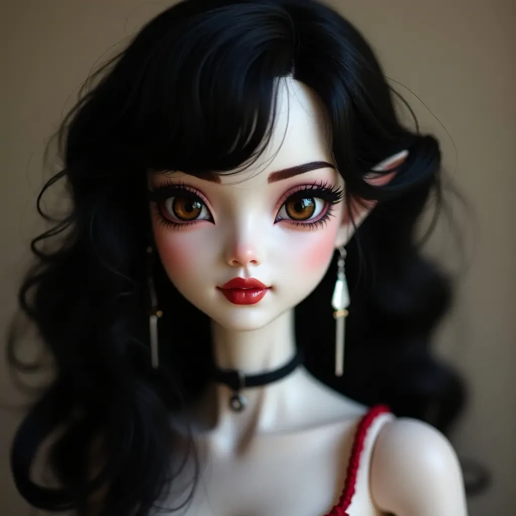 blithe doll with thin arched eyebrows natural,dark brown eyes,Eyebrow piercing,white skin,wavy layered black hair,long sword earrings,full plump pouty downturned lips,pronounced cupid bow,long winged eyeliner,curled up long lashes