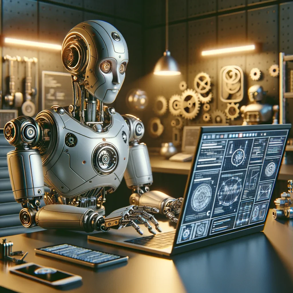 a robot working on a laptop