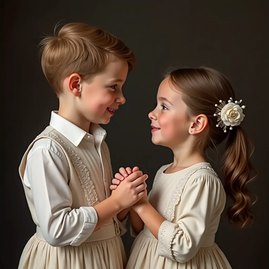 prince george holding a girls hand with royal outfits on and with blue eyes and brown hair with freckels both adults