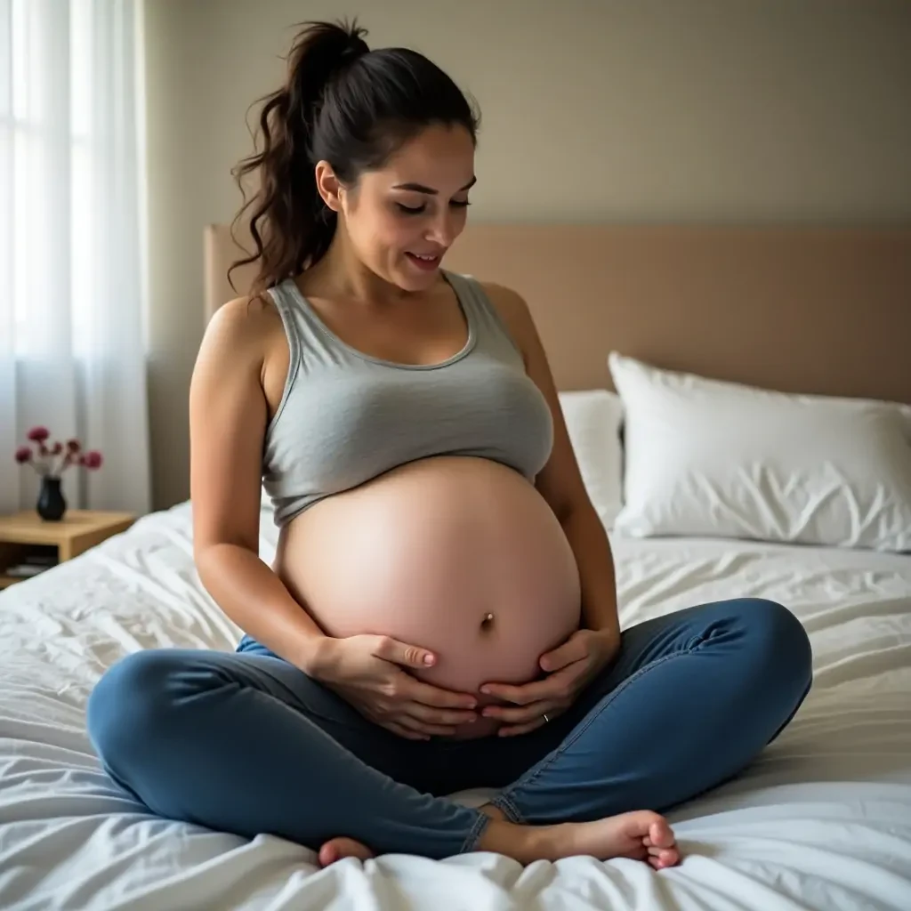 Picture of a woman with a unnaturally large pregnant belly. She sits on the bed and the belly spills in her lap