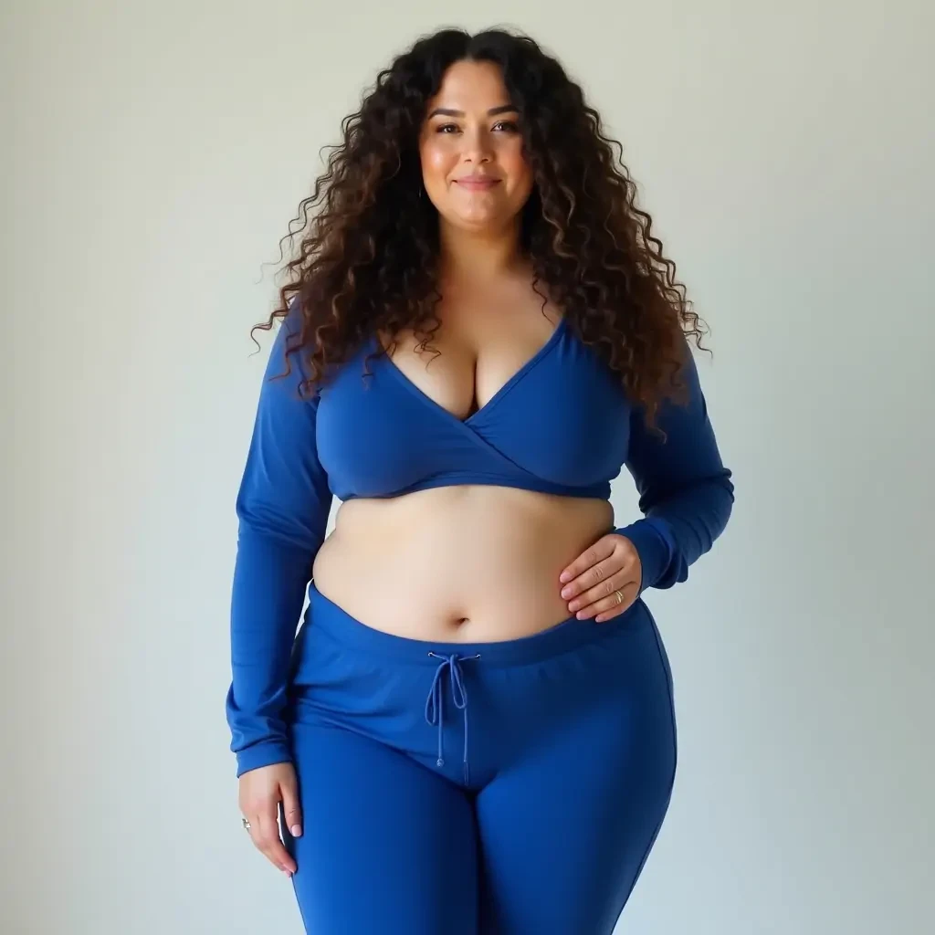 Tunesian woman, middle length curly hair, blue Jogging pants curvy bofy shape