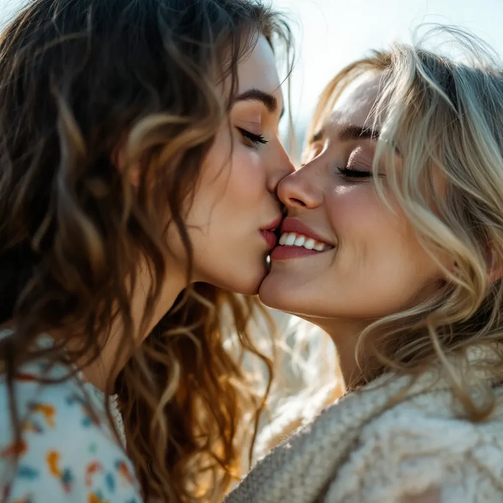 a 18-year-old France girl kissing her 40-year-old France mother on the lips, playful energy, light white and cyan-blue, airy and light, in the style of contax tix, tokina opera 50mm f/1.4, japanese hamada hideaki inspiration, joyful celebration of nature