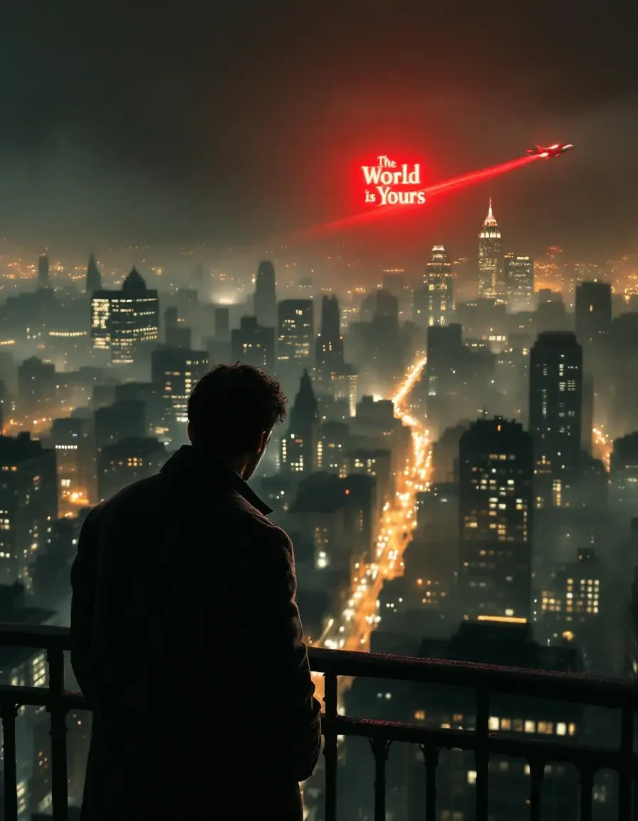 A realistic scene of a nighttime city from a balcony perspective, featuring a young gangster with a cigar, his face obscured in shadow, gazing down at the sprawling urban landscape filled with shimmering lights. The expression is contemplative and melancholic, reflecting a sense of lost dreams. The weather is foggy and dreary, adding to the somber atmosphere. In the background, the iconic phrase 'The World is Yours' is illuminated in the sky, trailing behind an airplane, reminiscent of its appearance in 'Scarface'. The fog wraps around the buildings, creating an almost ethereal effect, while the distant sounds of the city blend into a melancholic symphony, enhancing the mood of solitude and reflection
