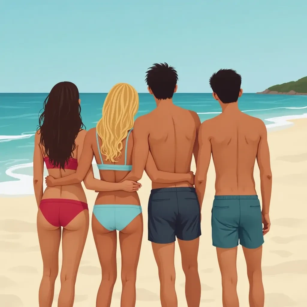 Four people on the beach 2 girls one blonde second brown hair hanging two boys skinny with black hair