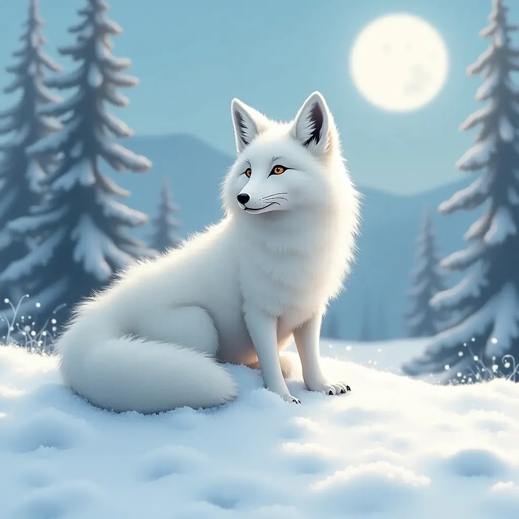 Arctic fox in a pile of snow in a snowy taiga with a therian symbol in the sky