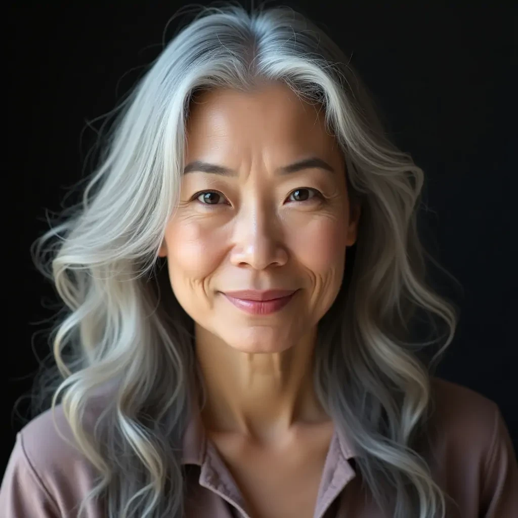Senior Asian balarina with long grey hair