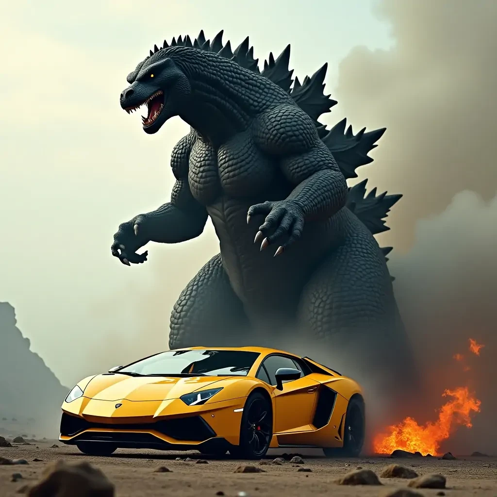 Godzilla crushing a Lamborghini with his foot