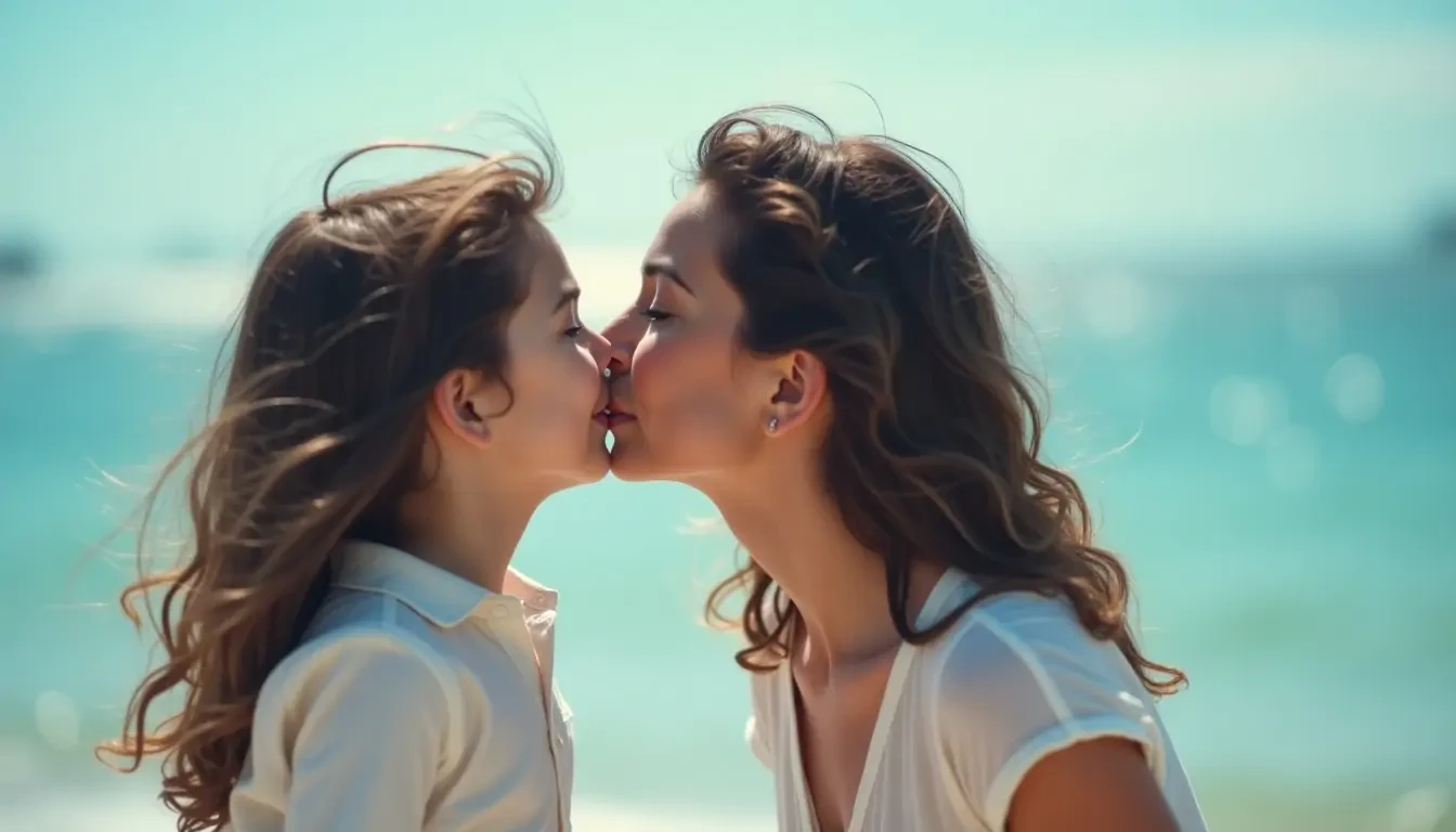 a 8-year-old France girl kissing her 30-year-old France mother on the lips, playful energy, light white and cyan-blue, airy and light, in the style of contax tix, tokina opera 50mm f/1.4, japanese hamada hideaki inspiration, joyful celebration of nature
