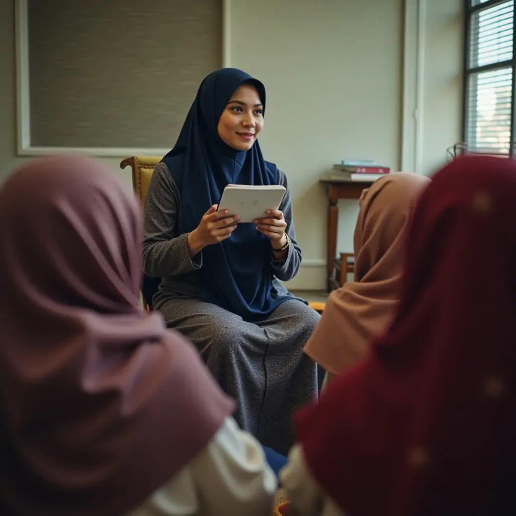 Buatkan gambar ai guru arab berjilbab duduk bersama murid murid sedang berdiskusi , guru tersebut memberikan penjelasan kepada murid murid dengan spidol di tangannya