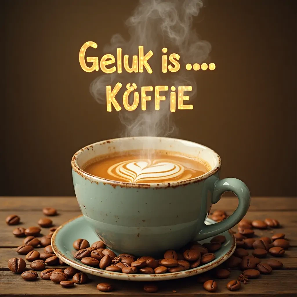 Sublimation image with the Afrikaans words: "Geluk is... KOFFIE"