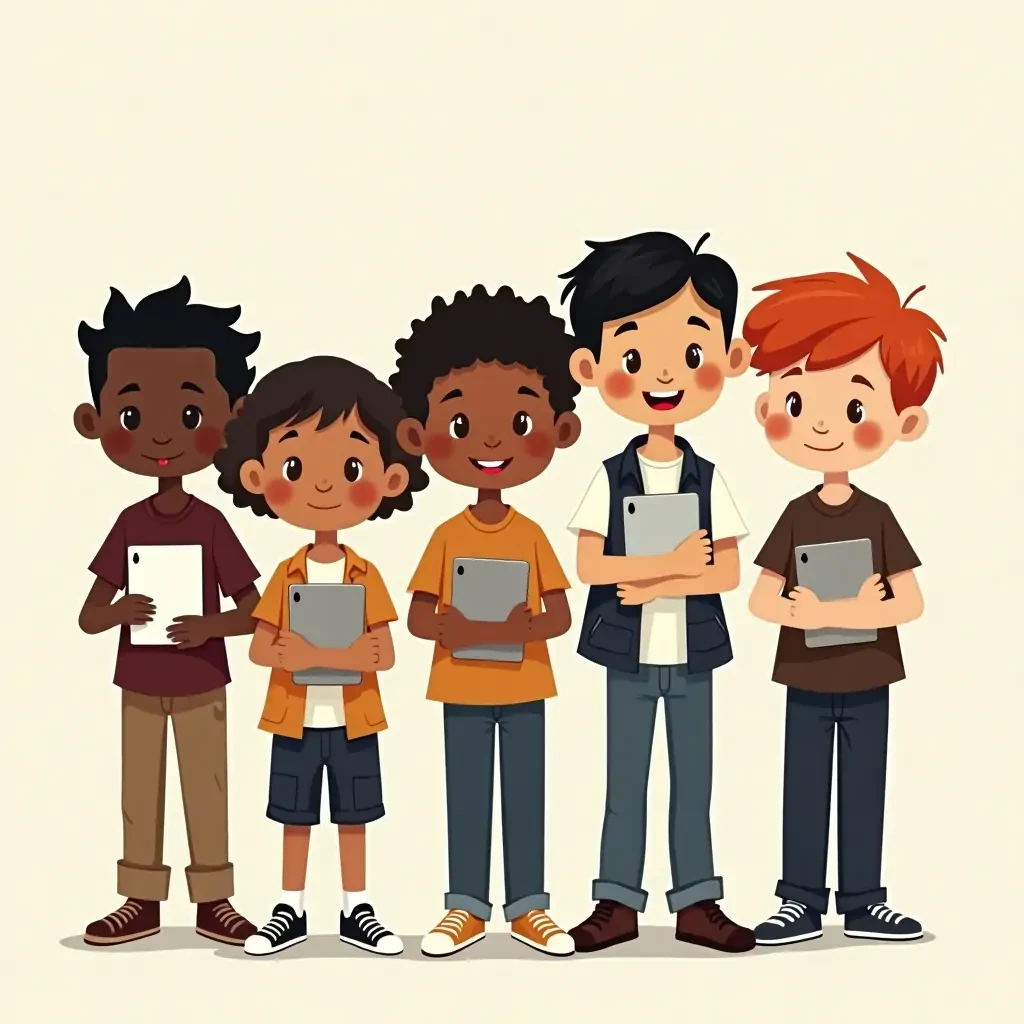 codename iPad kids, with 6 kids, 2 black boys with black hair, an asain boy with black hair, a white boy with brown hair and a white boy with red hair.