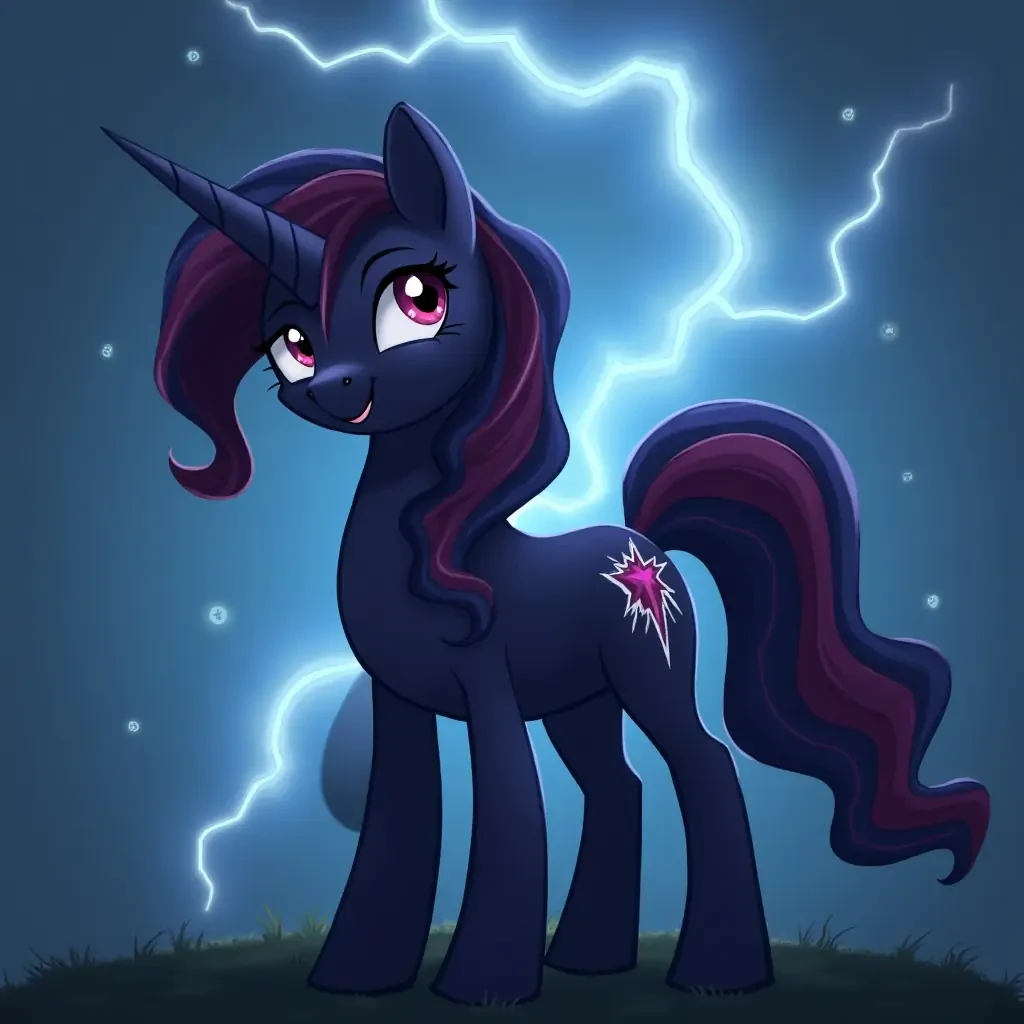 Mlp stallion based on twilight and rainbow dash. Tornado, darker color palette, hair covers eyes, dark blue with rainbow highlights
