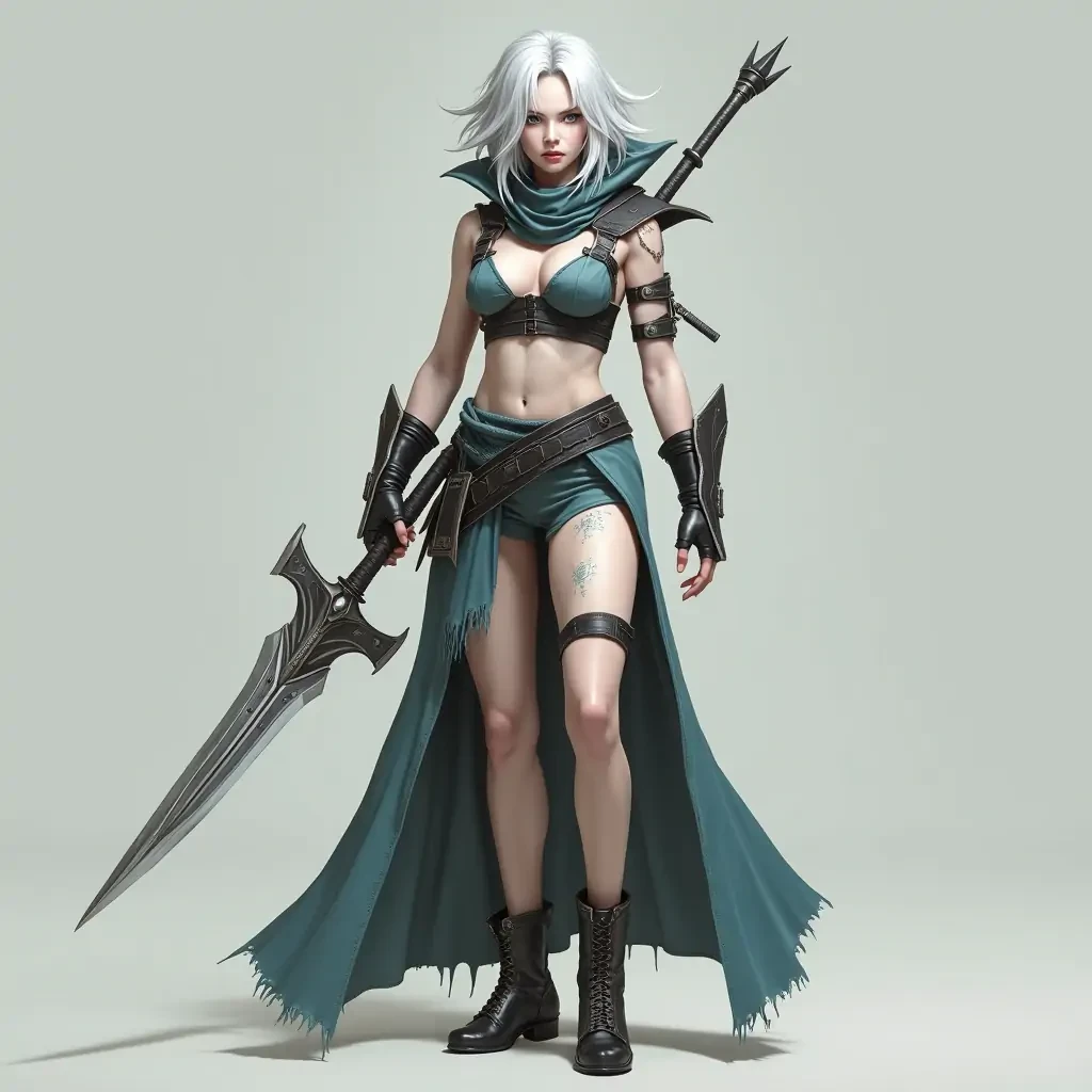Riven from league of legends dressed as Raiden from metal gear rising revengeance with exposed legs and pale white skin