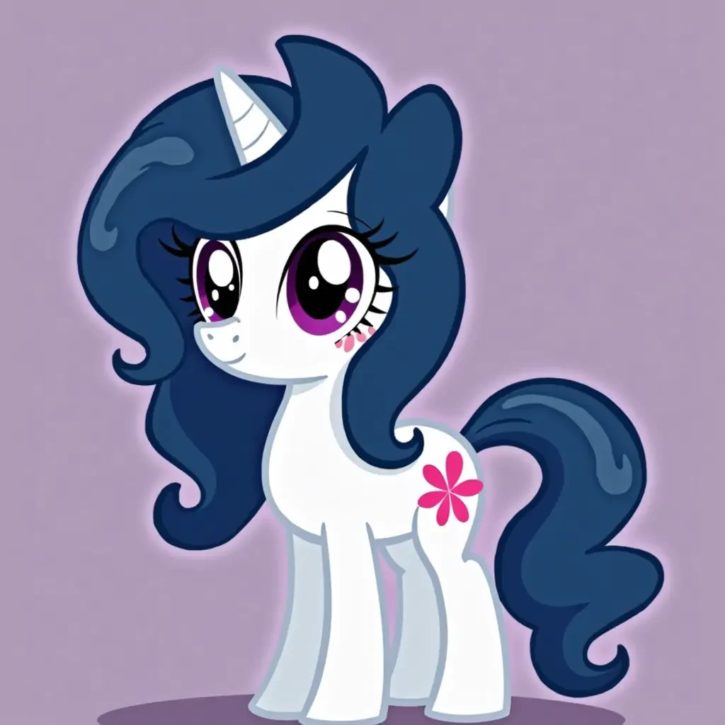 My little pony oc dark blue hair,white skin, purple eyes,pink flowers cutie marks