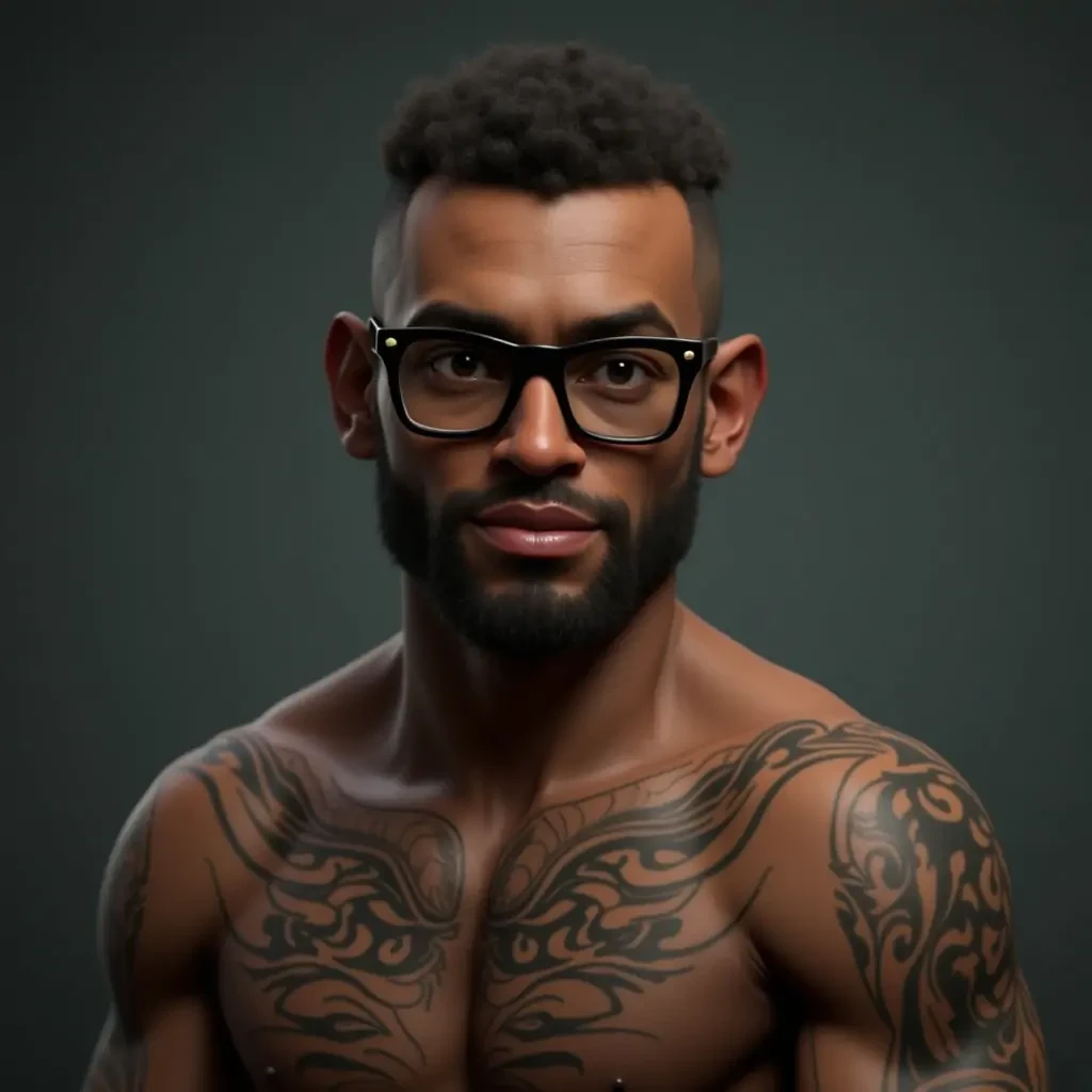 A slightly darker skinned man with tattoos and dark glasses