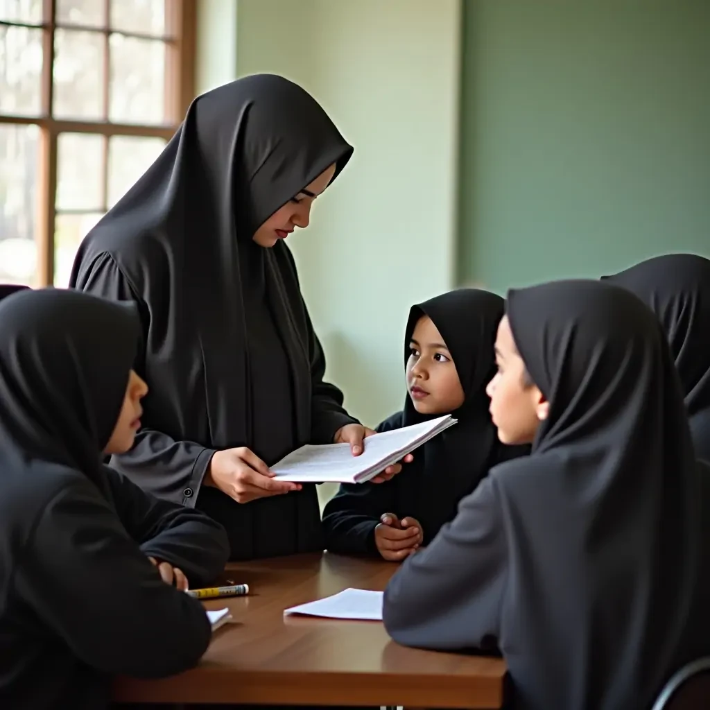 Buatkan gambar ai guru arab berjilbab duduk bersama murid murid sedang berdiskusi , guru tersebut memberikan penjelasan kepada murid murid dengan spidol di tangannya