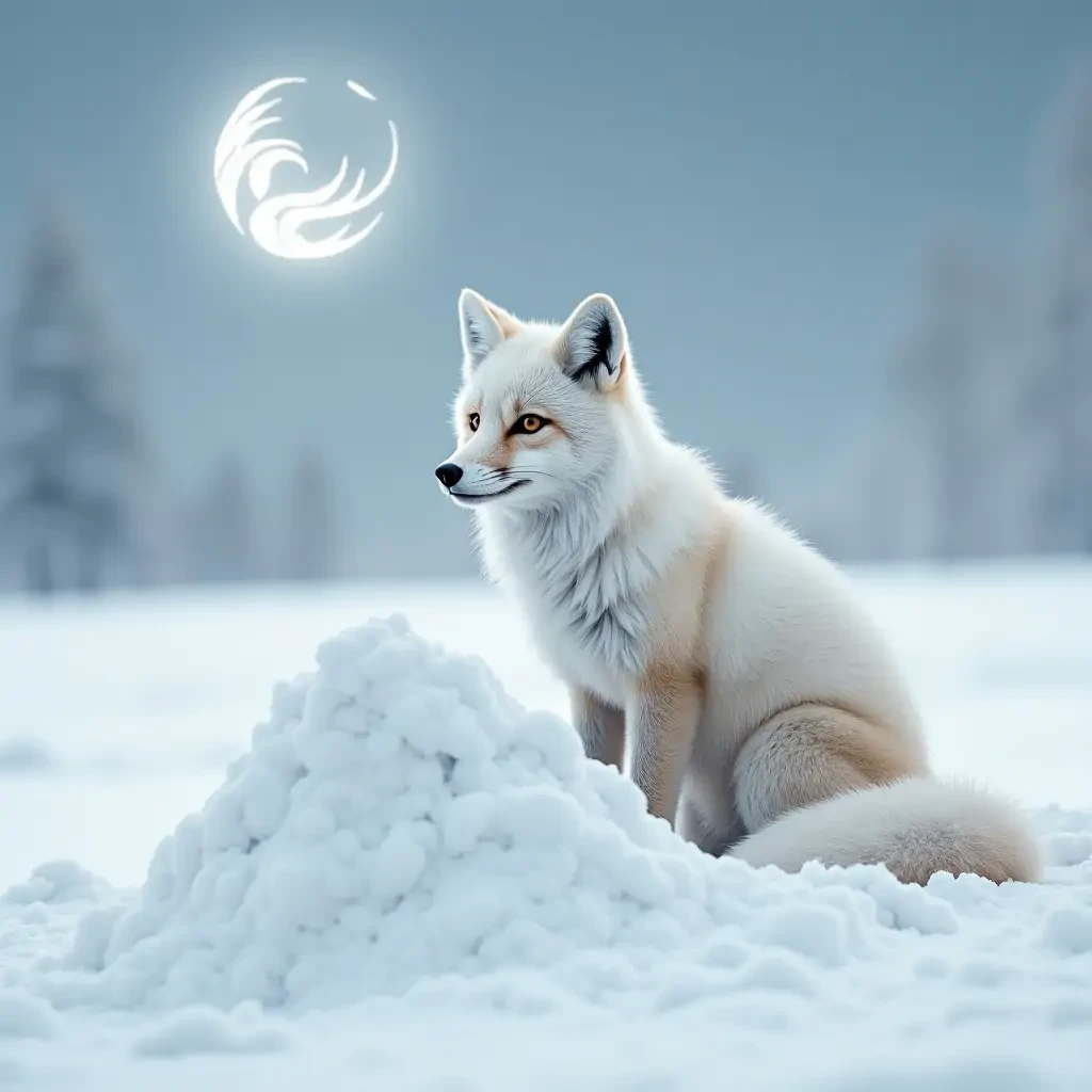 Arctic fox in a pile of snow in a snowy taiga with a therian symbol in the sky