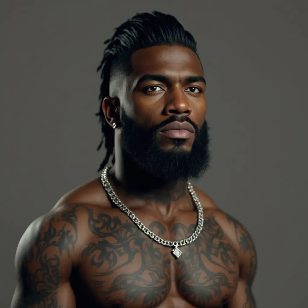 A darker skinned man with tattoos, a light silver necklace and thick hair combed back
